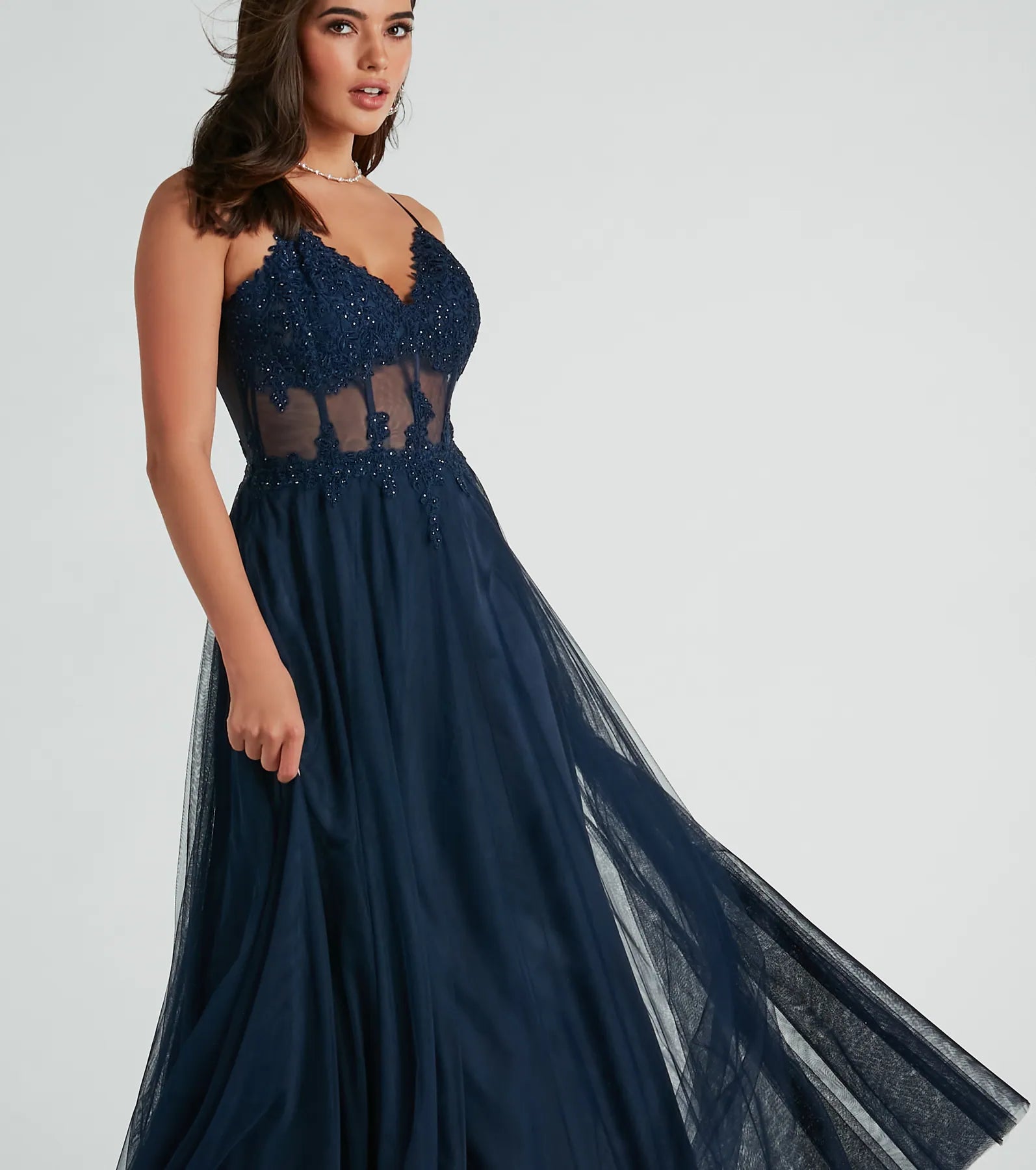 Jaci Rhinestone Embroidered Mesh Formal Dress