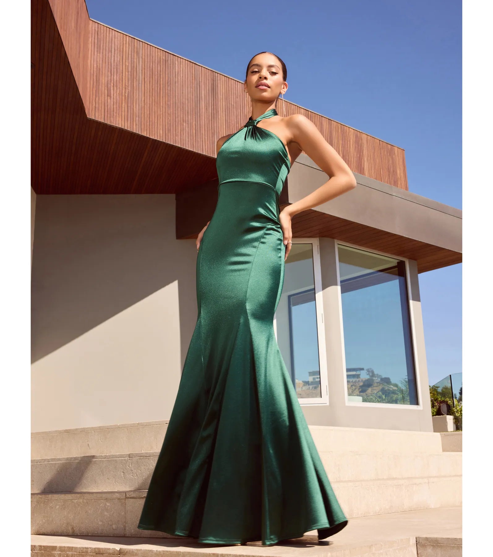 Hallie Satin Sleeveless Halter Mermaid Dress