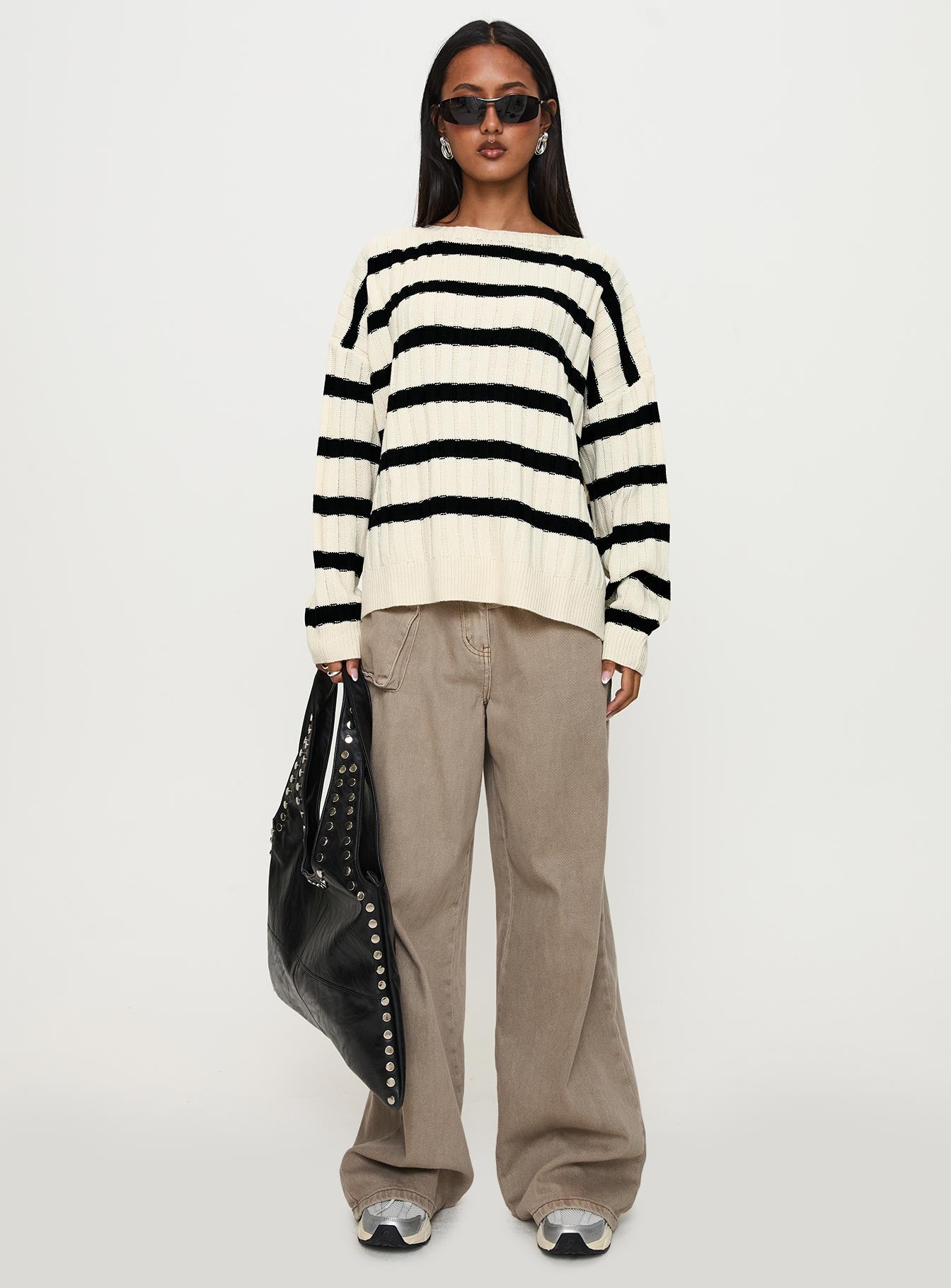 Elenita Wide Neck Knit Sweater Black / White
